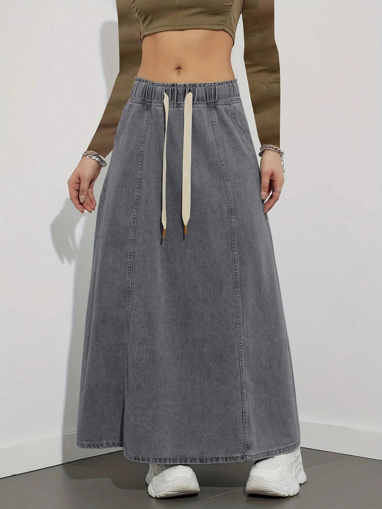 Elastic Waist Denim Maxi Skirt