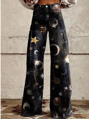 Mid Waist Printed Loose Straight Long Jeans