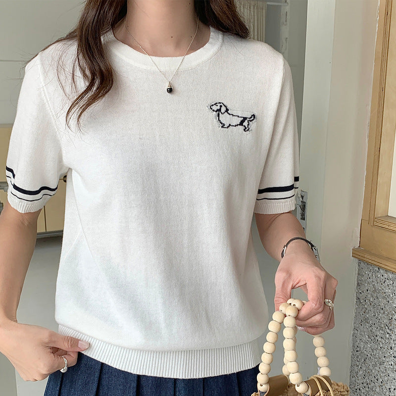 Cute Dog Jacquard Short Sleeve Knit Top