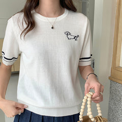 Cute Dog Jacquard Short Sleeve Knit Top