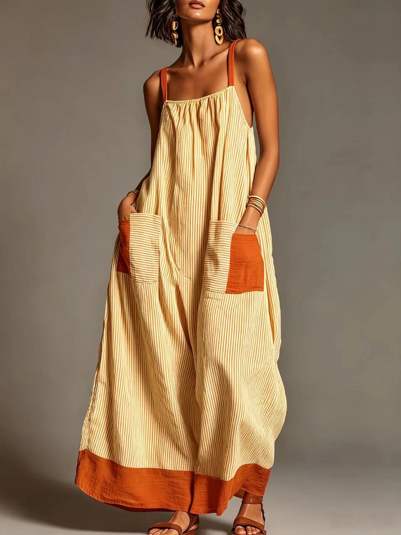 Stripe Color Block Pocket Sling Long Dress