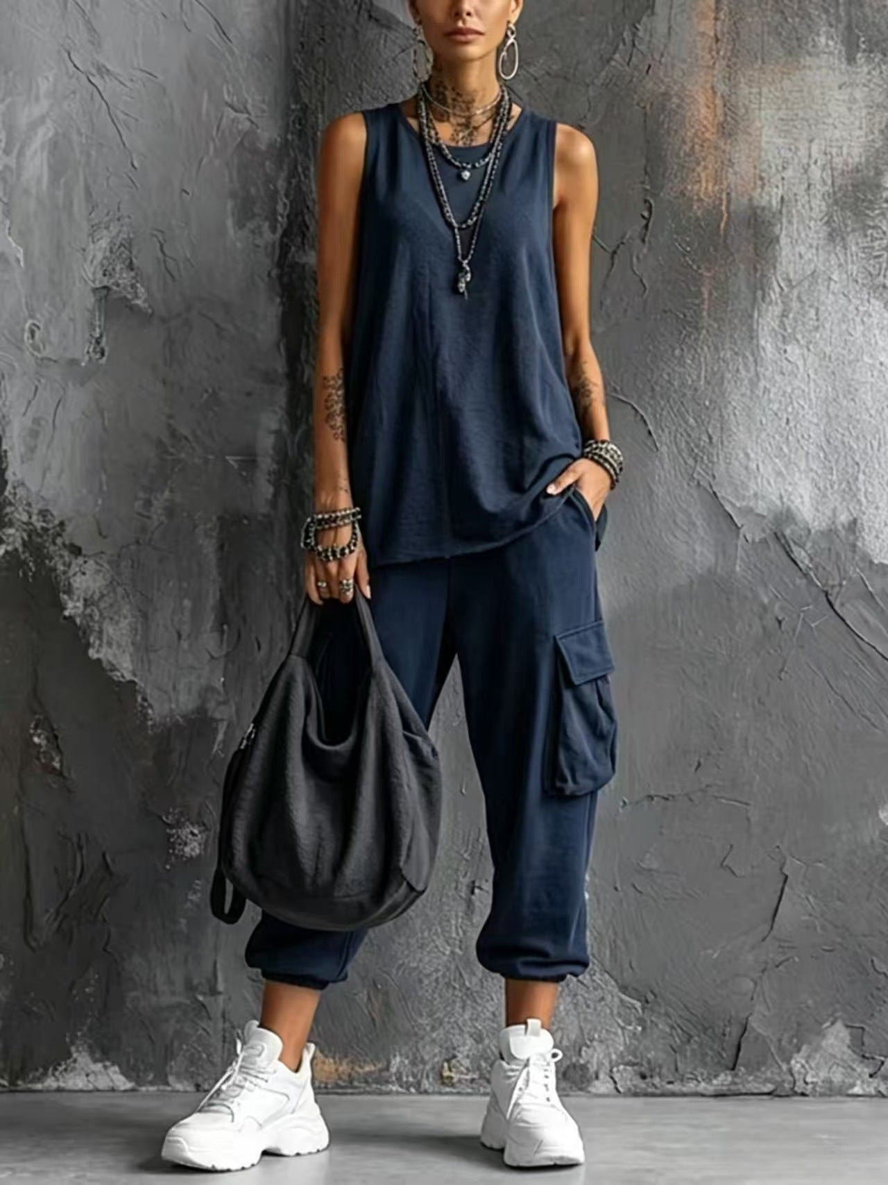 Dark Gray Sleeveless Tank & Cargo Pants Set