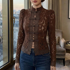 Stand Collar Floral Lace Bubble Long Sleeve Slim Fit Frog Button Blouse