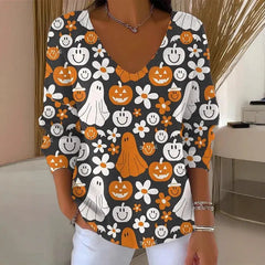 Halloween Ghost Pumpkin V‑Neck Sweater