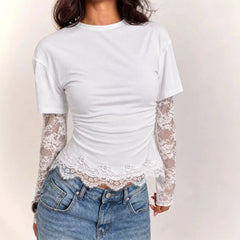 White Ruched T-Shirt with Attached Floral Lace Long Sleeves | Scalloped Lace Hem Mock Layered Crop Top