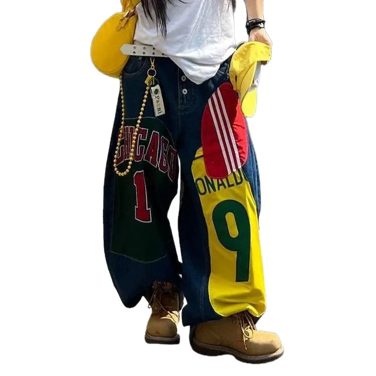 High Waist Patchwork Print Wide Leg Jeans