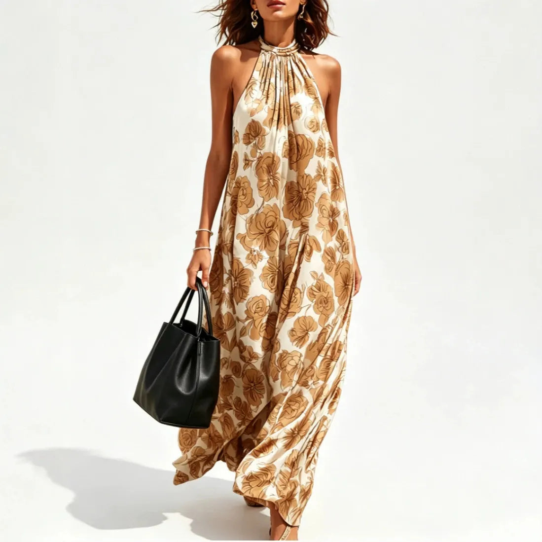 Halter Neck All Over Floral Print Loose Mid Waist Maxi Vacation Dress