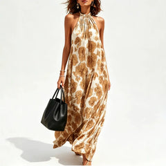 Halter Neck All Over Floral Print Loose Mid Waist Maxi Vacation Dress