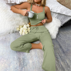 Lace Trim Button Front Cami Long Pants Loungewear Set