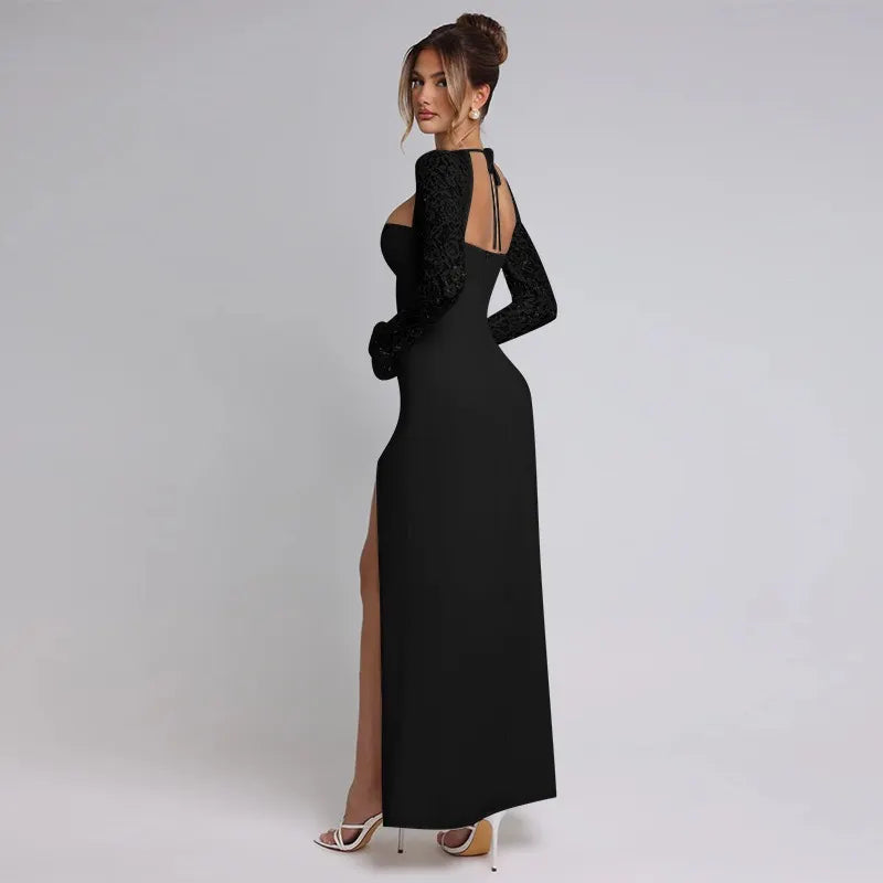 Solid Off Shoulder Lace Long Sleeve Tie Bust High Slit High Waist Bodycon Maxi Dress