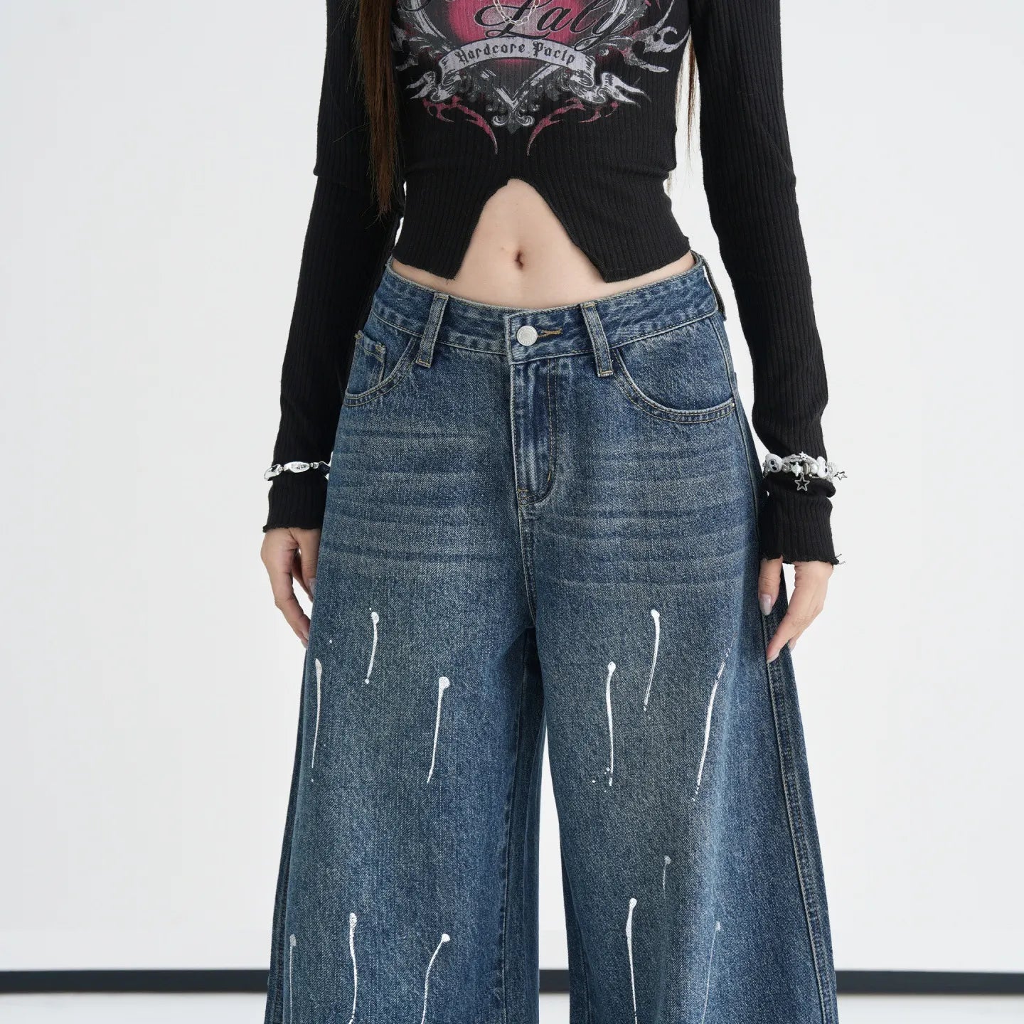 Ultra Low Waist Printed Wide Flare Denim Jeans