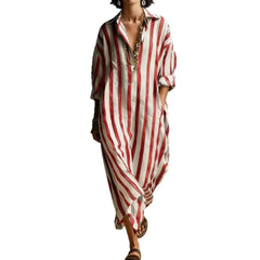 Striped Oversized Lapel Shirt Maxi Dress