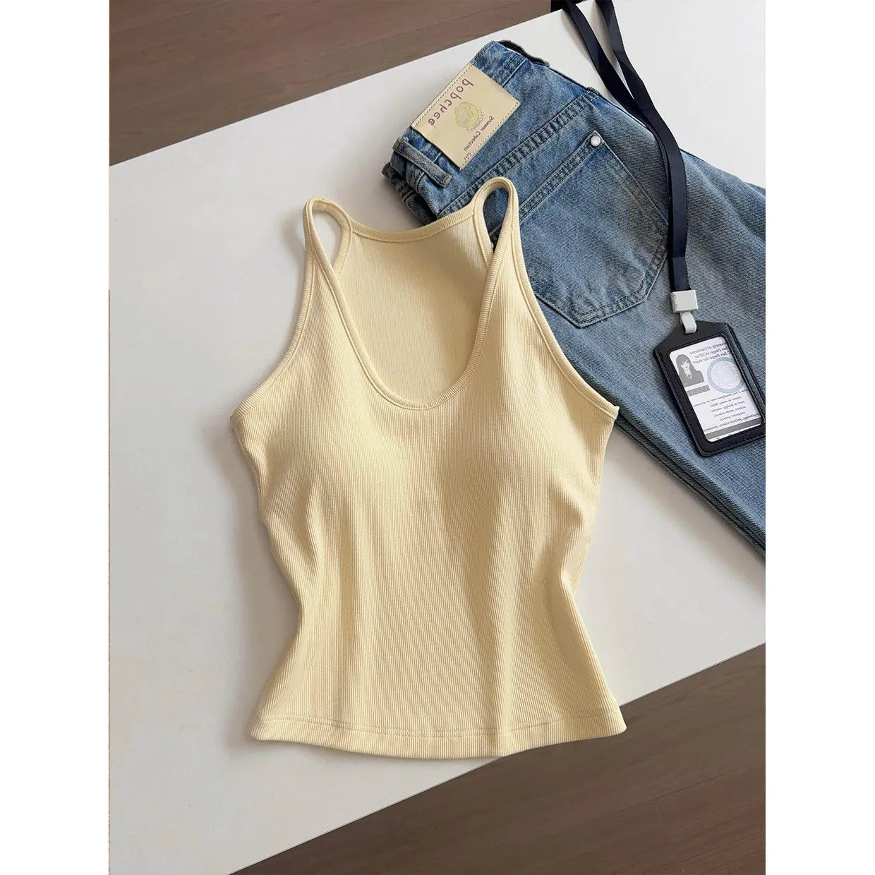Basic U Neck Spaghetti Strap Ribbed Casual Cami Top