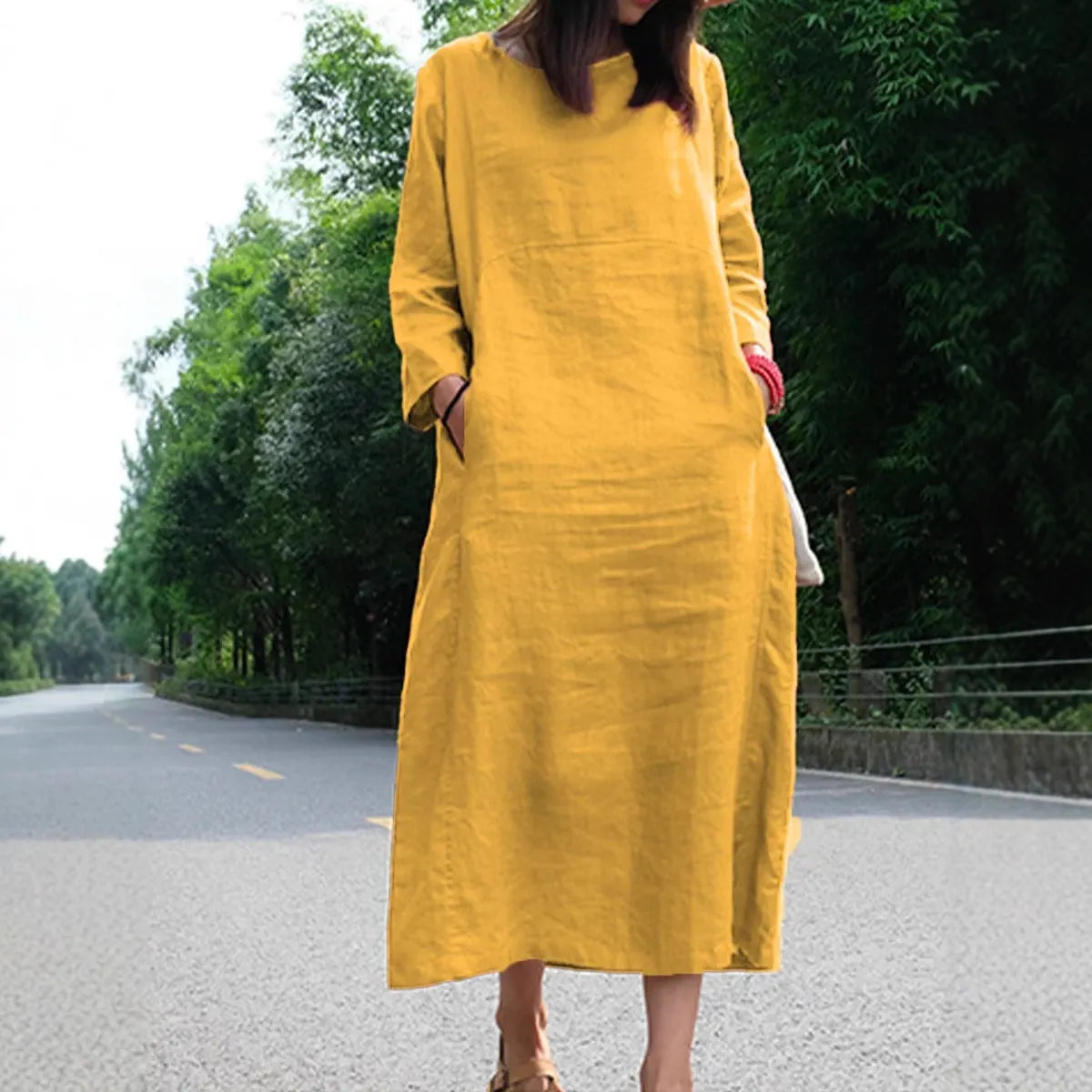 Loose Cotton Linen Round Neck Long Sleeve Maxi Dress Casual Pocket Campus Daily Commuter Dress