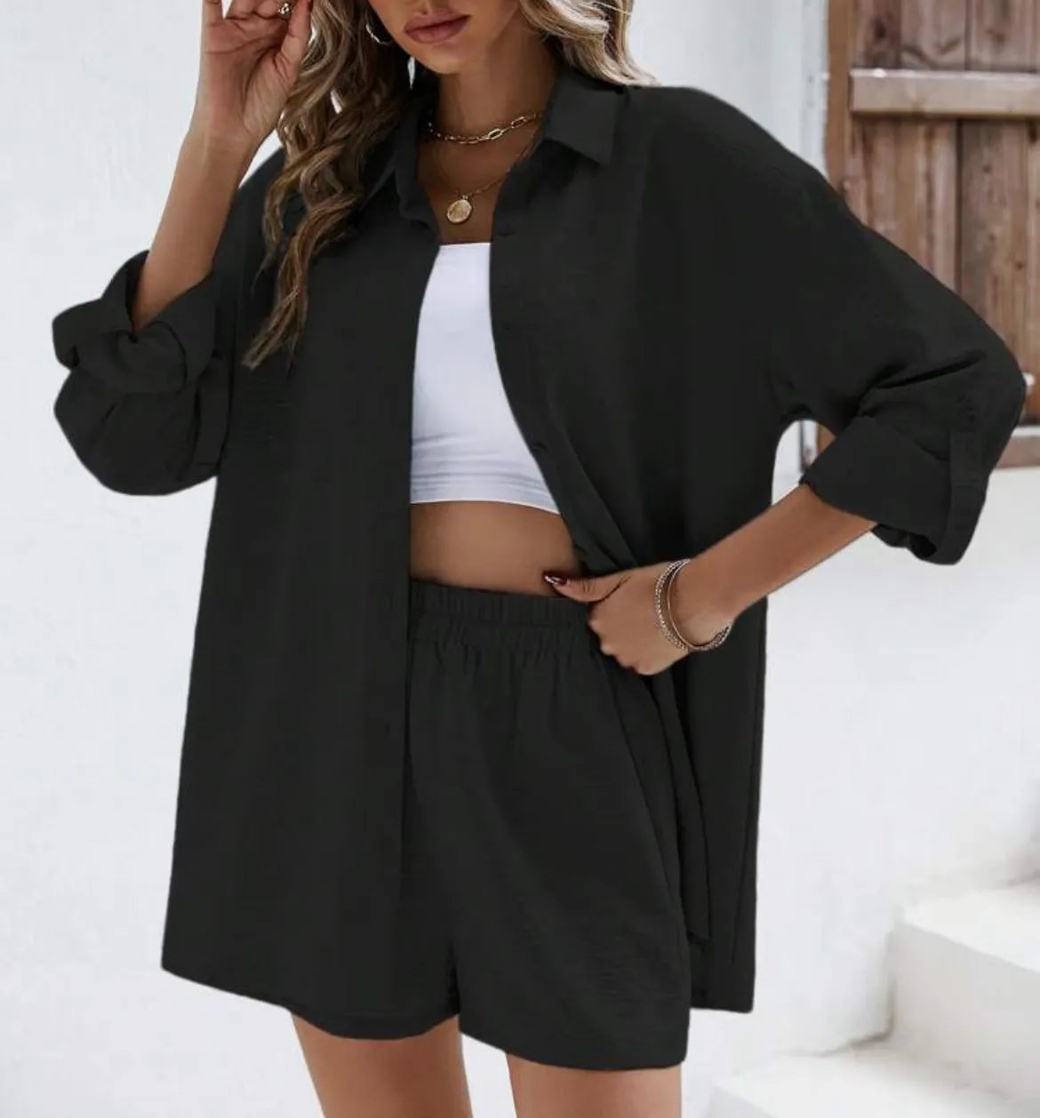 Loose Button Down Shirt & High Waist Shorts Outfit