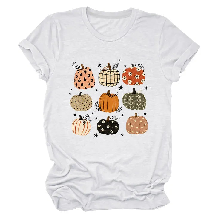 Leopard Floral Plaid Pumpkin Casual Short Sleeve Tee
