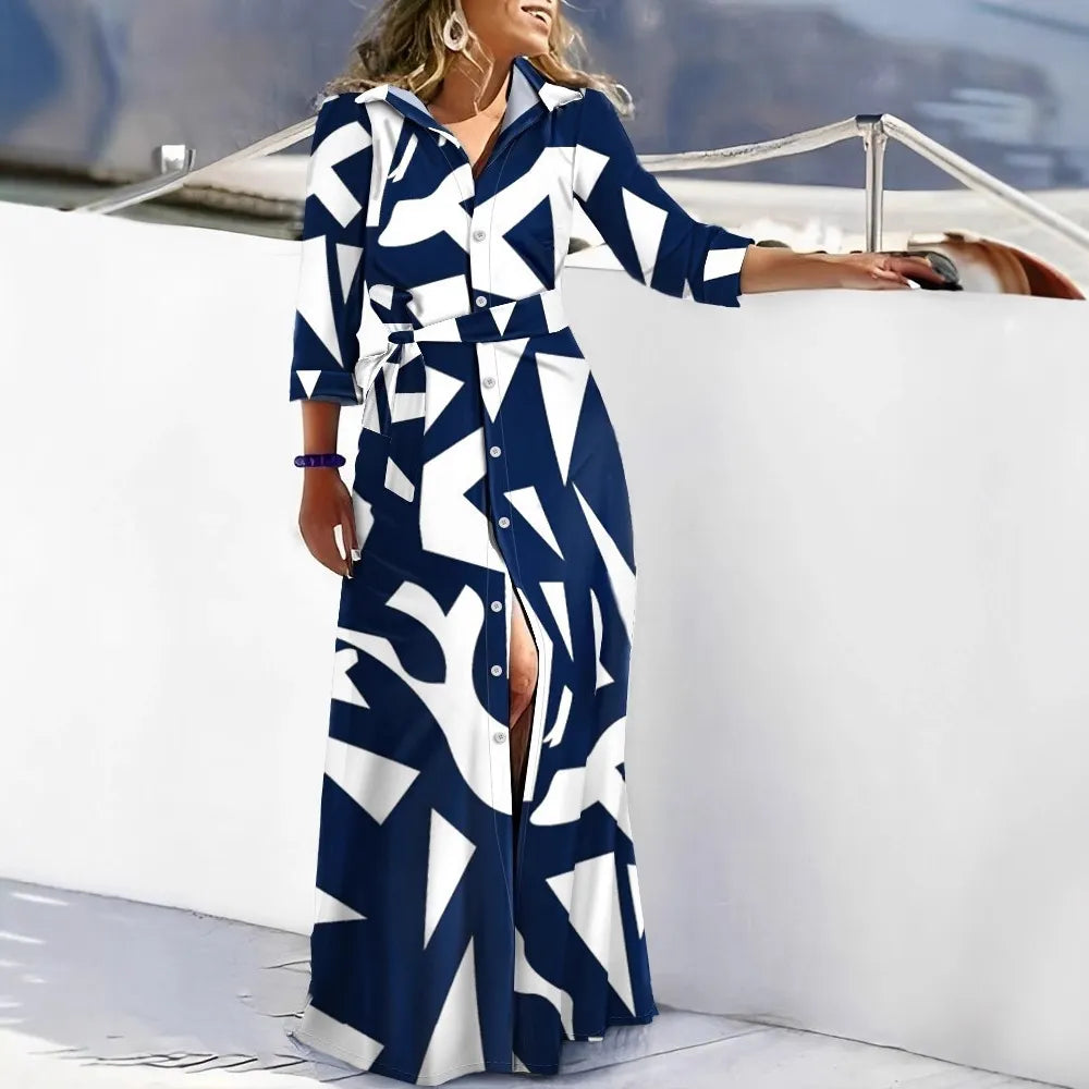 Geometric Print Belted Long Sleeve Maxi Shirt Dress