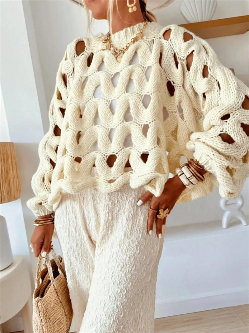Openwork Hollow Knitted Jumper, Boho Lantern Sleeve Loose Fit Crochet Sweater