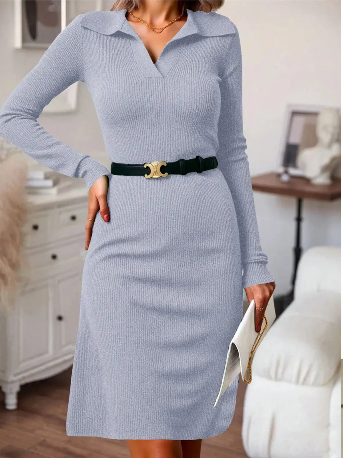 Collared Long Sleeve Ribbed Knit Midi Dress