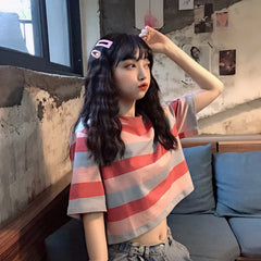 Striped Round Neck Short Sleeve Loose Crop Top