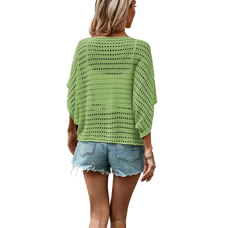 Boat Neck Batwing 5/4 Sleeve Hollow Perspective Knit Pullover Cover Up Top