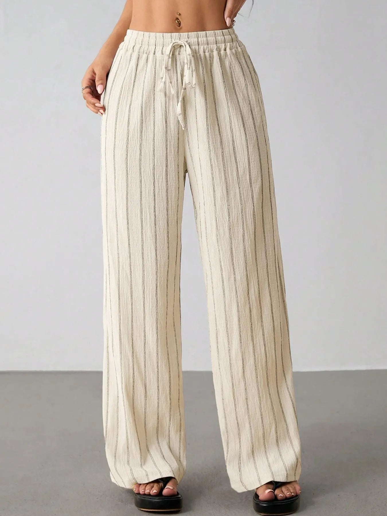 Vertical Striped Elastic Waist Wide Leg Pants