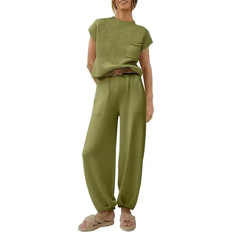 White Knit Short-Sleeve Top & Khaki High-Waisted Pants Two-Piece Set