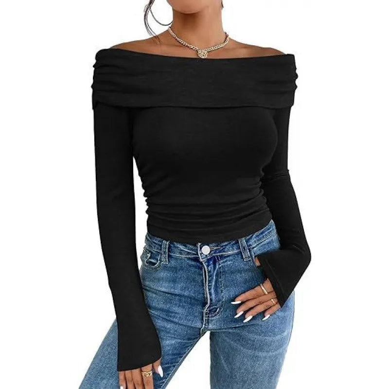 Off Shoulder Long Sleeve Slim Fit Solid Pullover Top