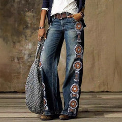 Mid Waist Printed Loose Straight Long Jeans