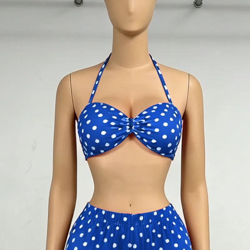 Polka Dot Halter Cutout Crop Top & Capri Pants Two Piece Set