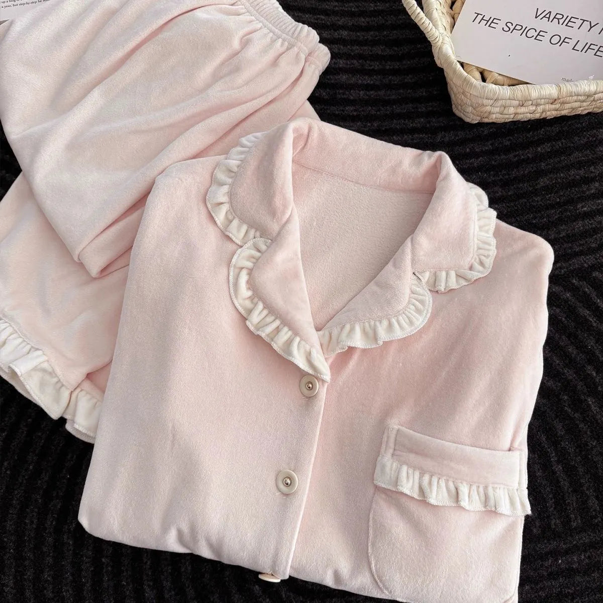 Sweet Pink Ruffle Trim Ladies Sleepwear, 2 Piece Long Sleeve Top & Pants Cozy Home Pajamas
