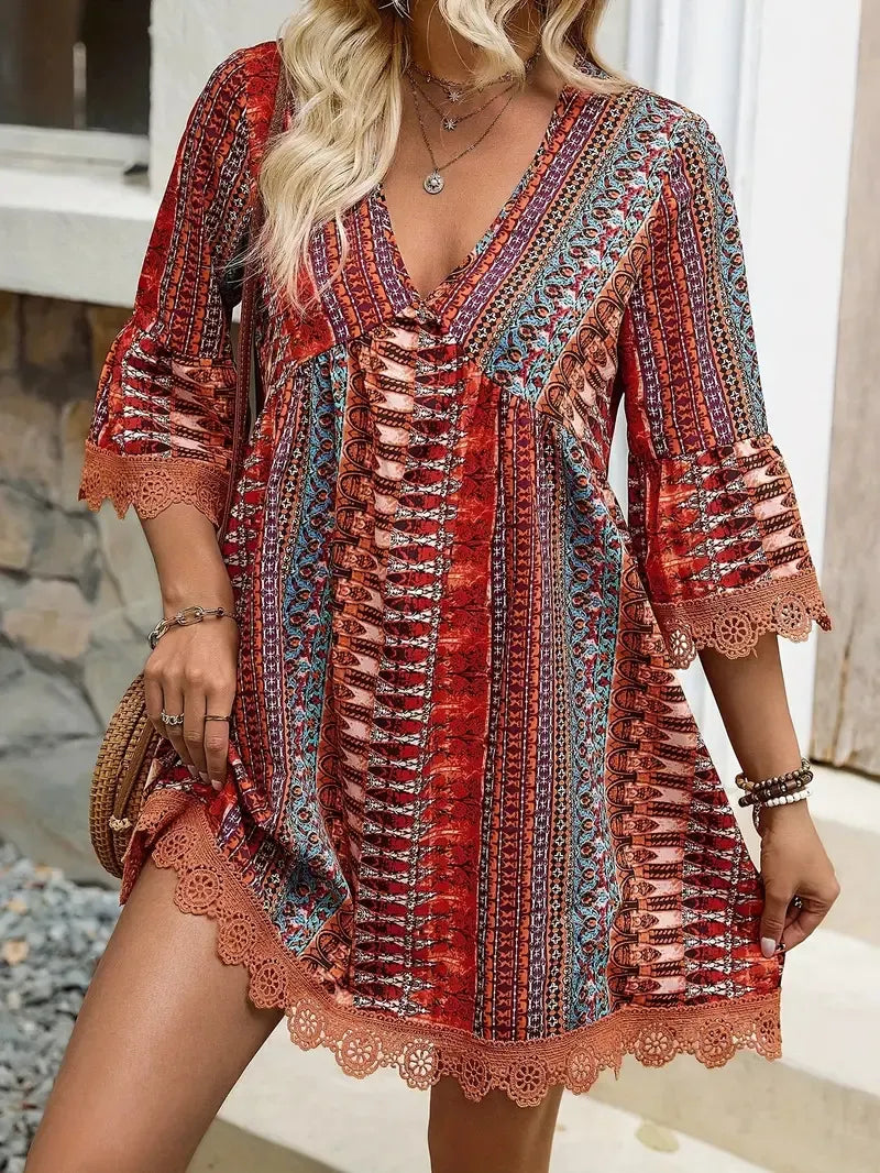 Boho V Neck Lace Trim Floral Print Short Dress