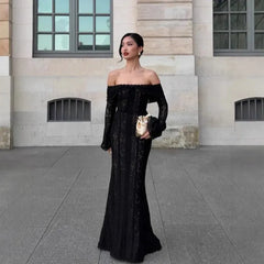 Lace Off-the-Shoulder Maxi Dress, Bell Sleeve Mermaid Formal Gown