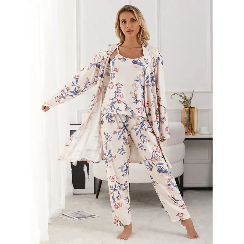Allover Floral Print 3-Piece Robe Cami Long Pants Loungewear Set