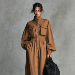 Ladies High Neck Button Down Midi Dress Long Sleeve Chest Pockets Cinched Waist Brown Autumn Dress