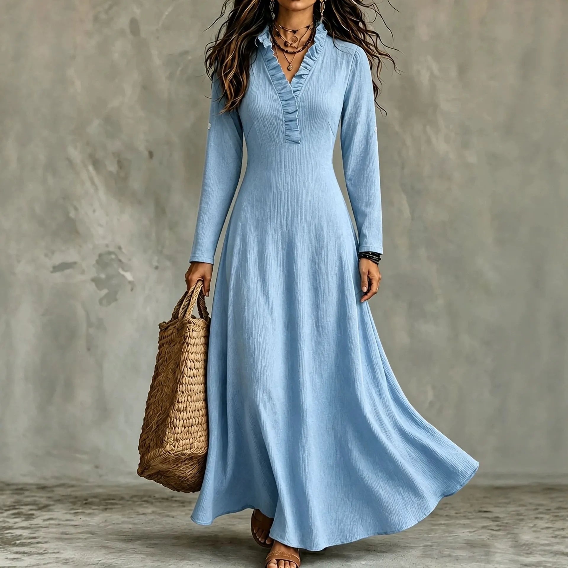 Olive Green Ruffled V-Neck Long Sleeve Flowy Maxi Dress