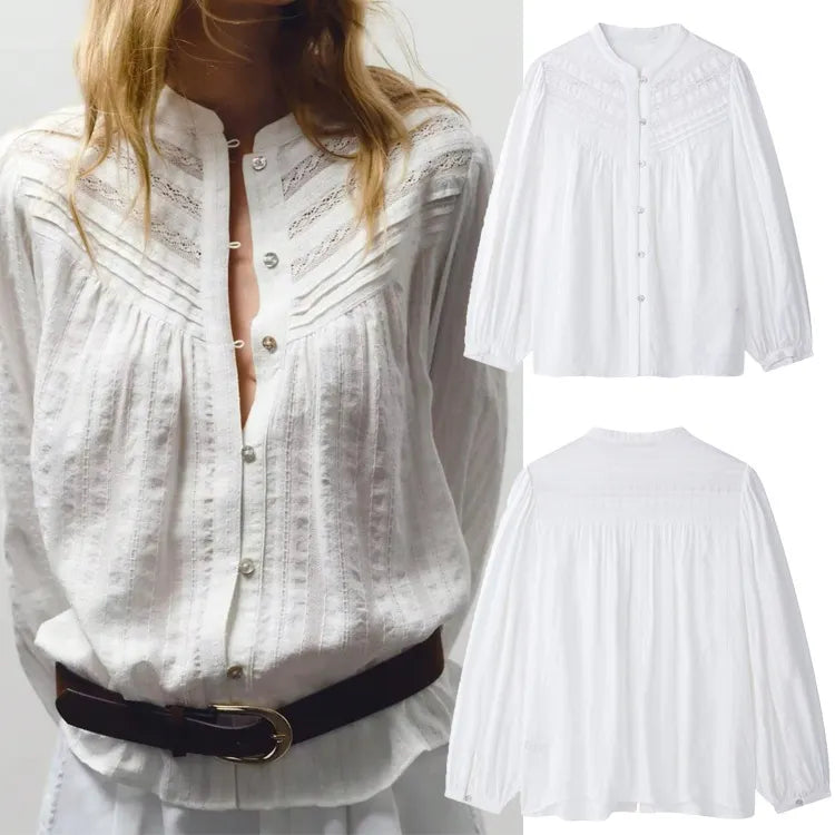 Stand Collar Lace Embroidery Puff Long Sleeve Button Down Blouse