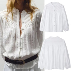 Stand Collar Lace Embroidery Puff Long Sleeve Button Down Blouse