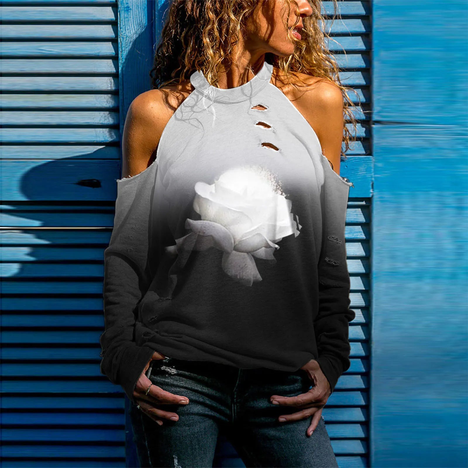 Halloween Skull Print Cold Shoulder Distressed Sweatshirt