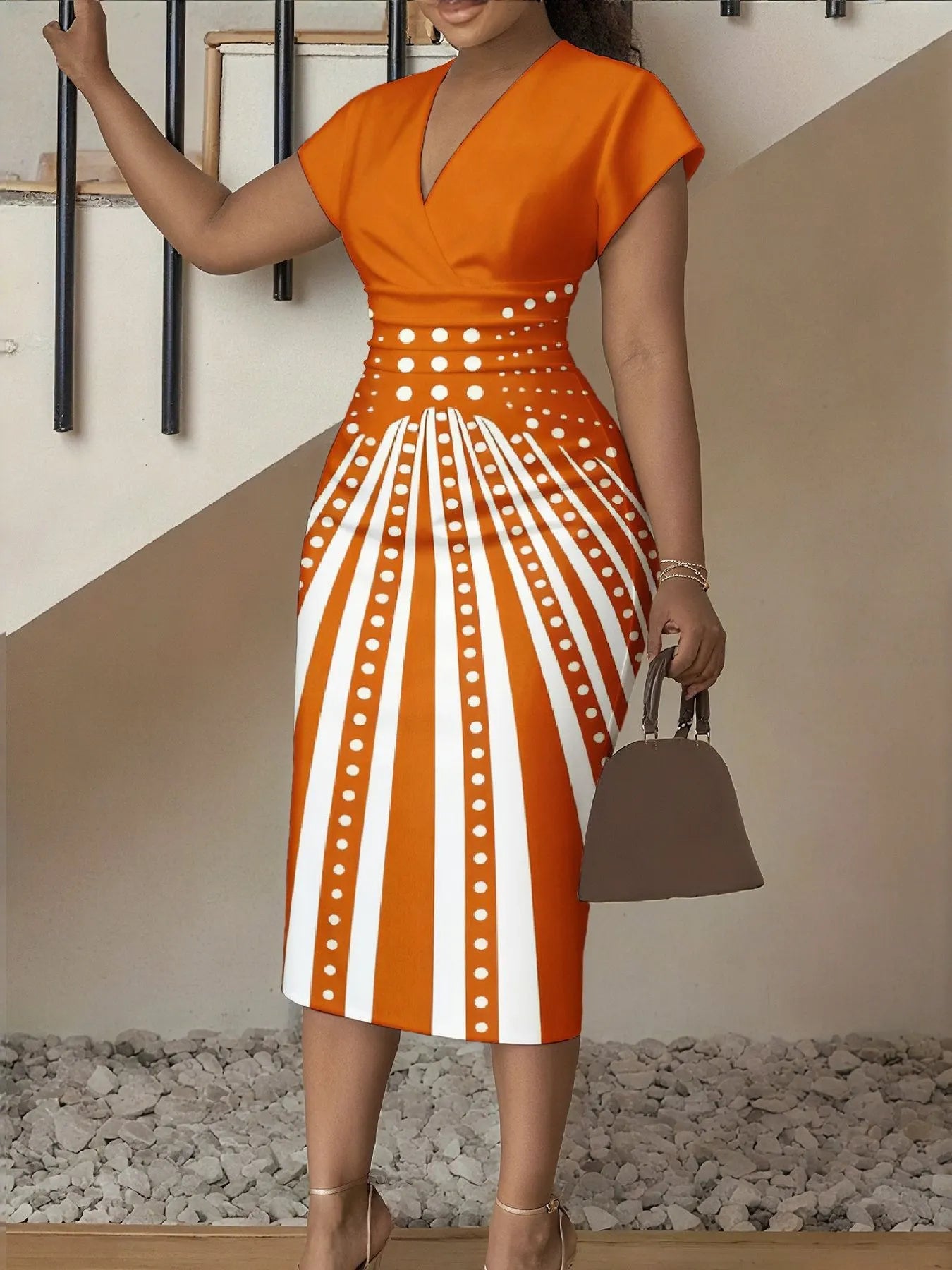 3D Stereoscopic Color Block Deep V-Neck Bodycon Midi Dress