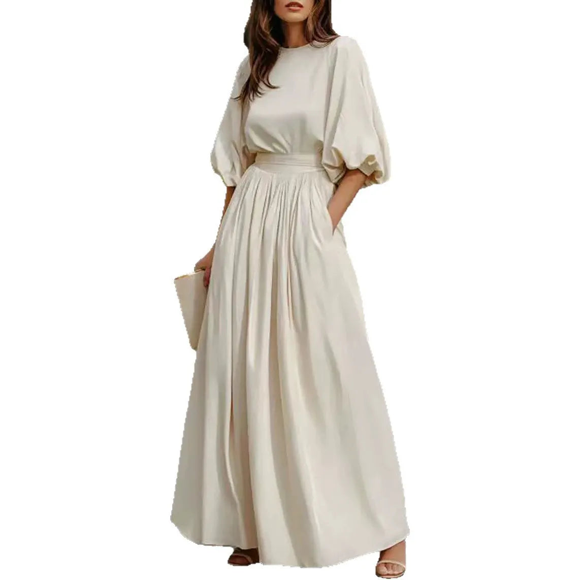 Cream Puff Short Sleeve High Waist Flowy Maxi Dress with Pockets