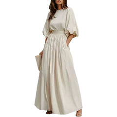 Cream Puff Short Sleeve High Waist Flowy Maxi Dress with Pockets