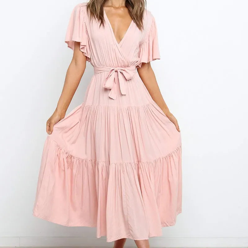 V Neck Flutter Short Sleeve Belted Tiered Maxi Swing Dress