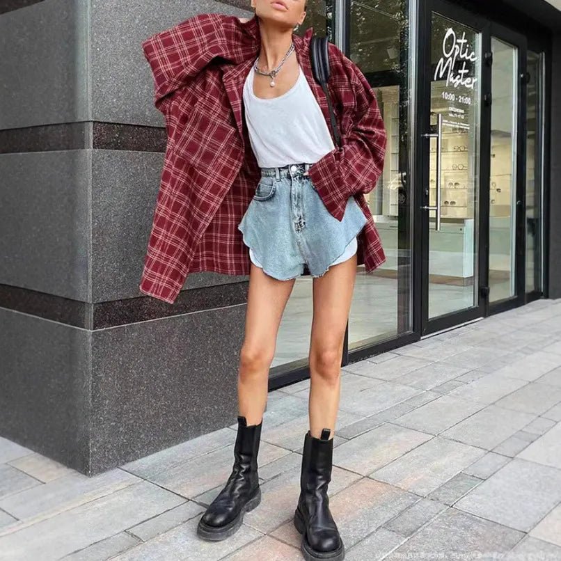 Wine Red Tartan Plaid Shirt, Oversized Longline Button Front Casual Blouse