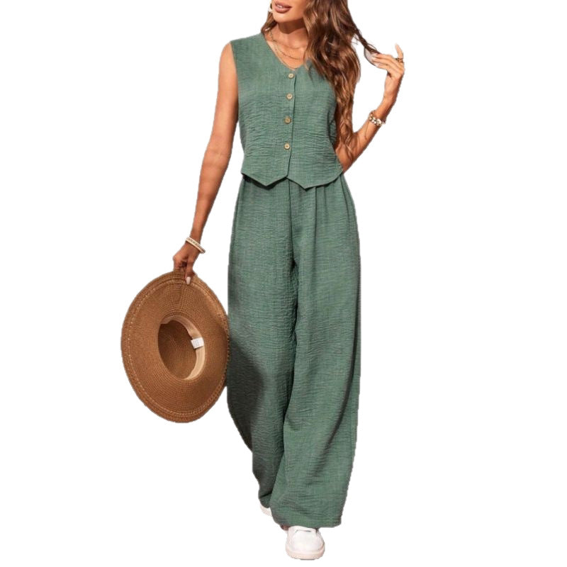 Green V-Neck Button Vest & Wide-Leg Pants Two-Piece Set