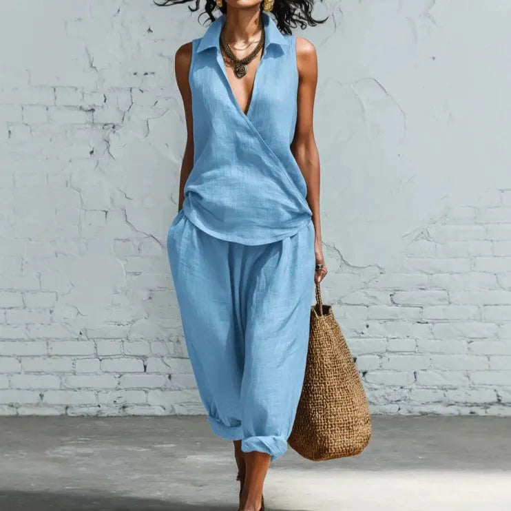 2026 foreign trade cross-border spring and summer new clothing simple lapel shirt and wide-leg pants linen two-piece set