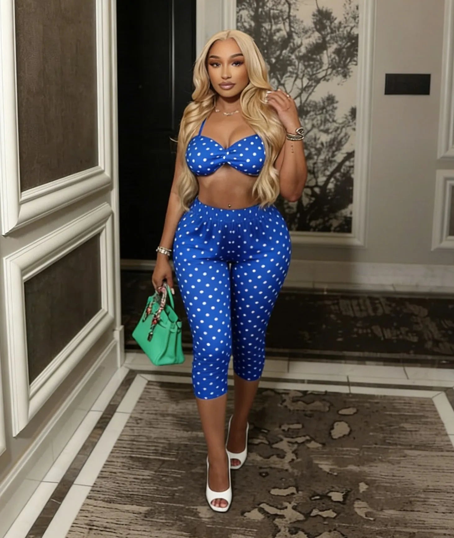 Polka Dot Halter Cutout Crop Top & Capri Pants Two Piece Set