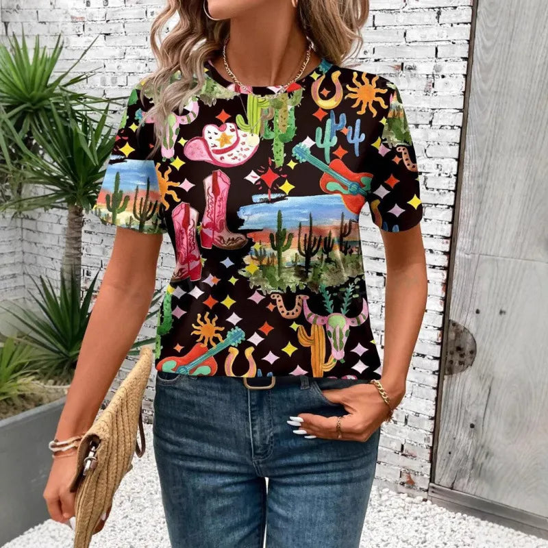 Halloween Western Cowboy Cactus Print Crew Neck Short Sleeve T‑Shirt