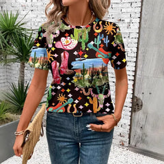 Halloween Western Cowboy Cactus Print Crew Neck Short Sleeve T‑Shirt