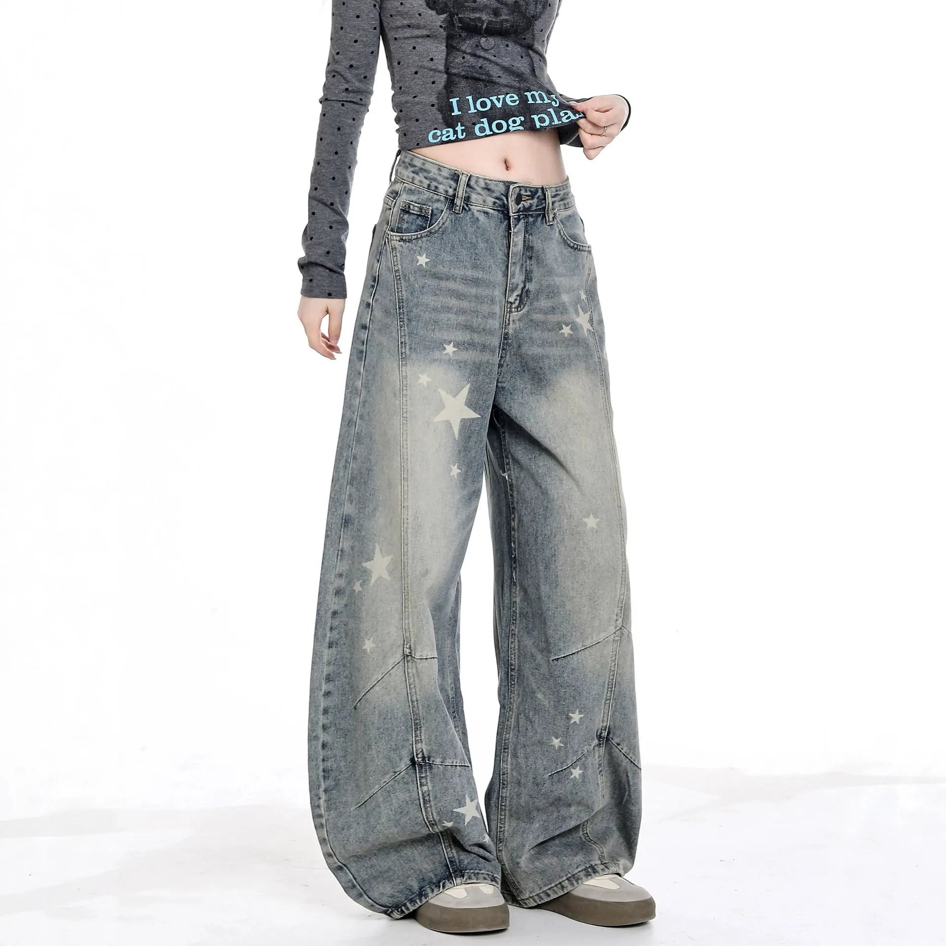 High Waist Star Print Wide Leg Jeans